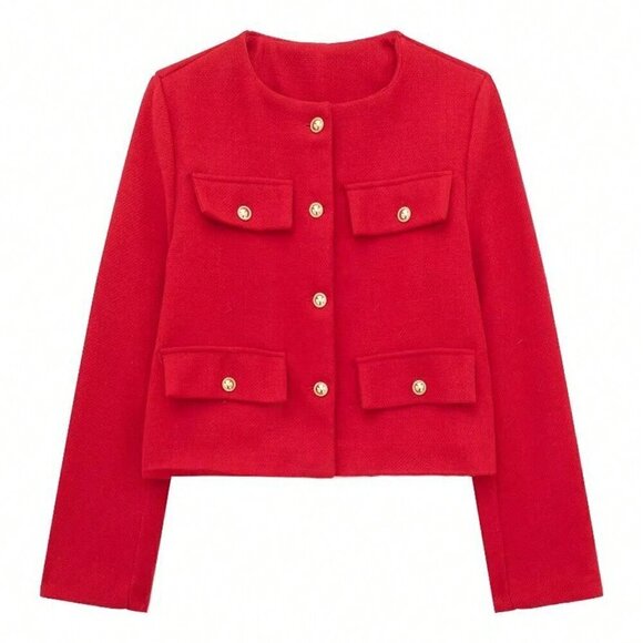 Red Elegant Women's Casual Tweed Jacket Decorated Long Sleeves Coat - Picture 2 of 8